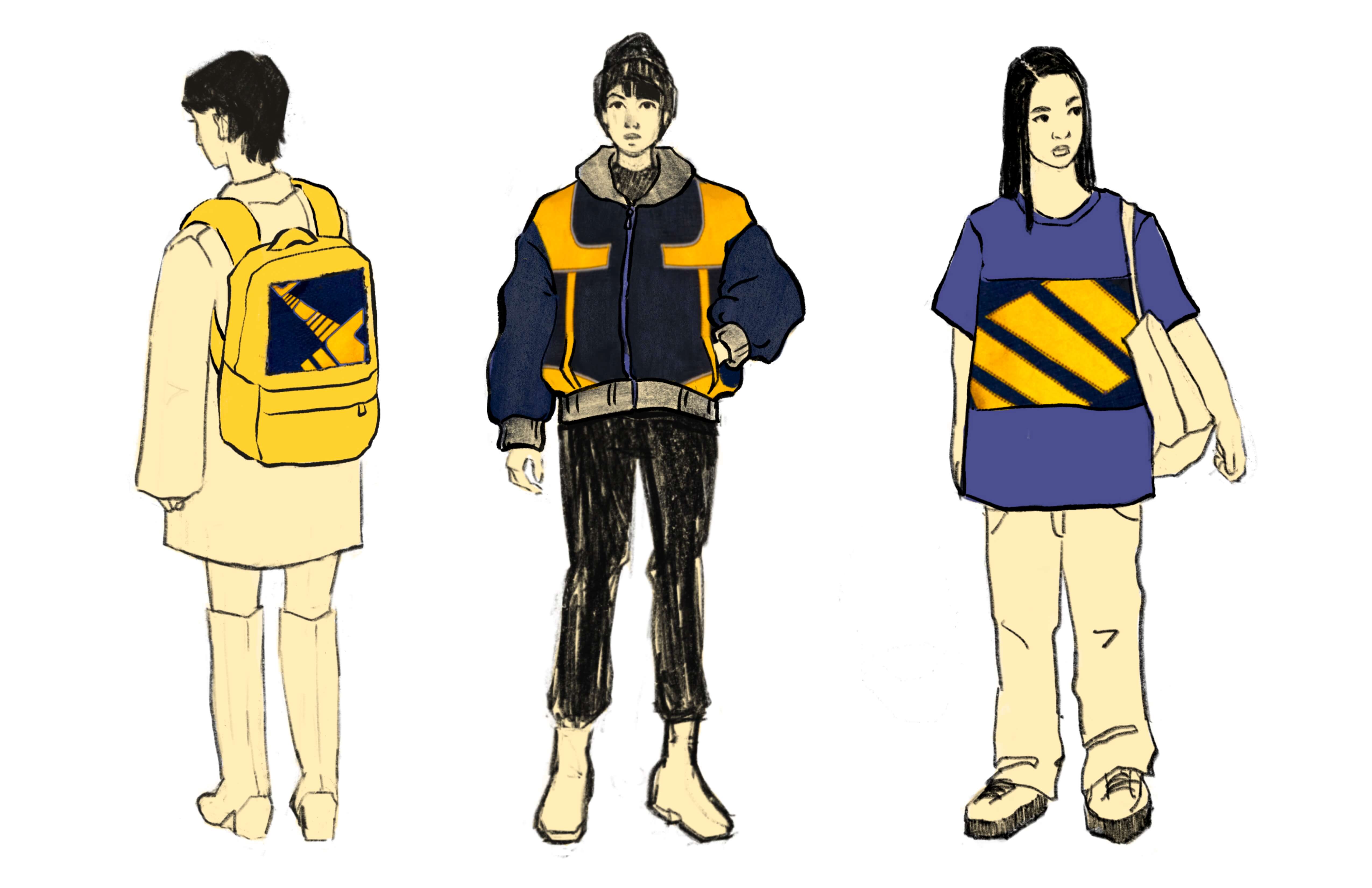 An illustration of three people wearing accessories using denim and yellow high-visibility vinyl. The first wears a backpack with a patch with denim and vinyl, the second wears a denim jacket with vinyl decoration, and the third wears an oversized t-shirt with a denim and vinyl patch.