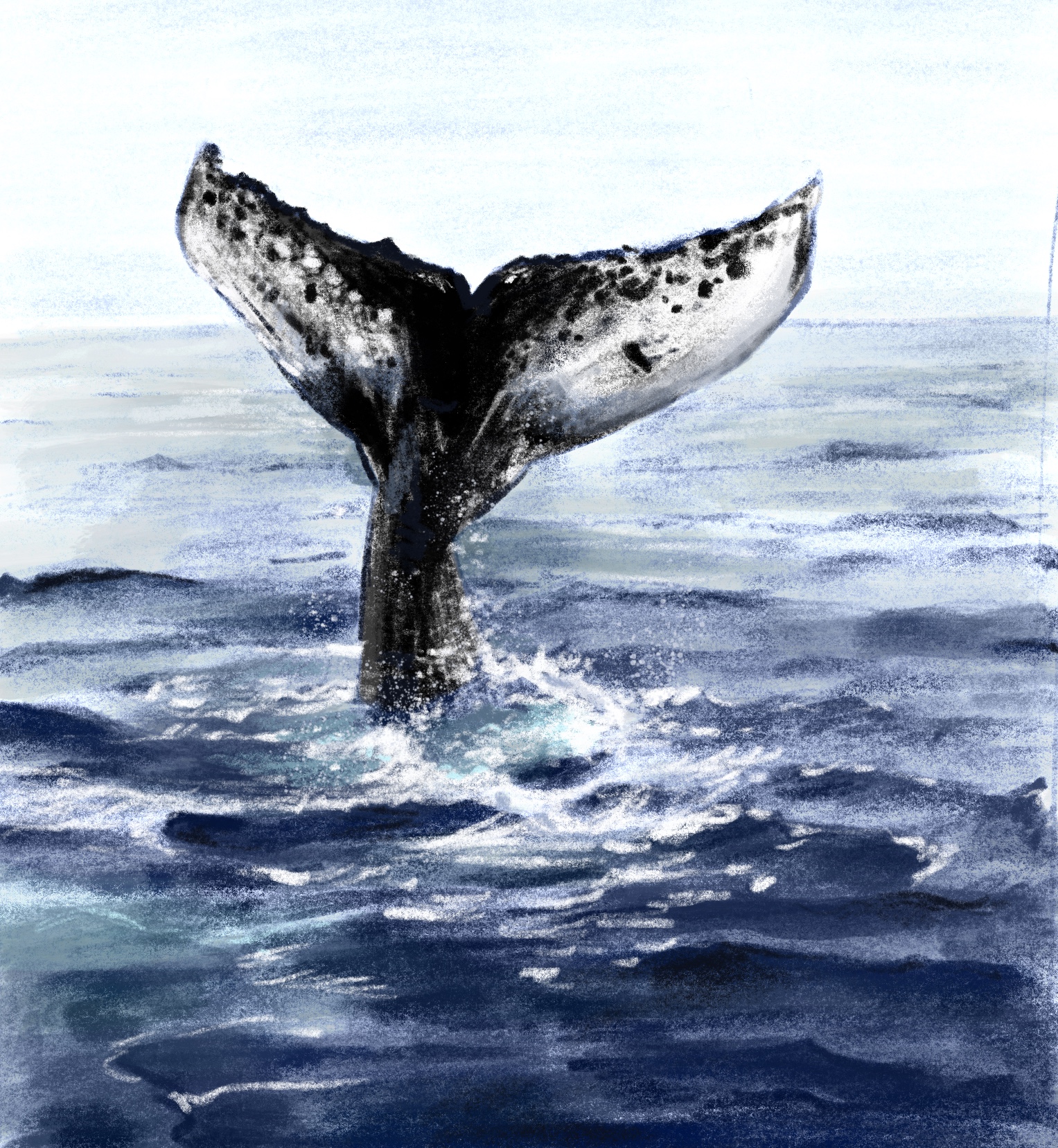 A painting of a whale's tail breaking the surface of the water.