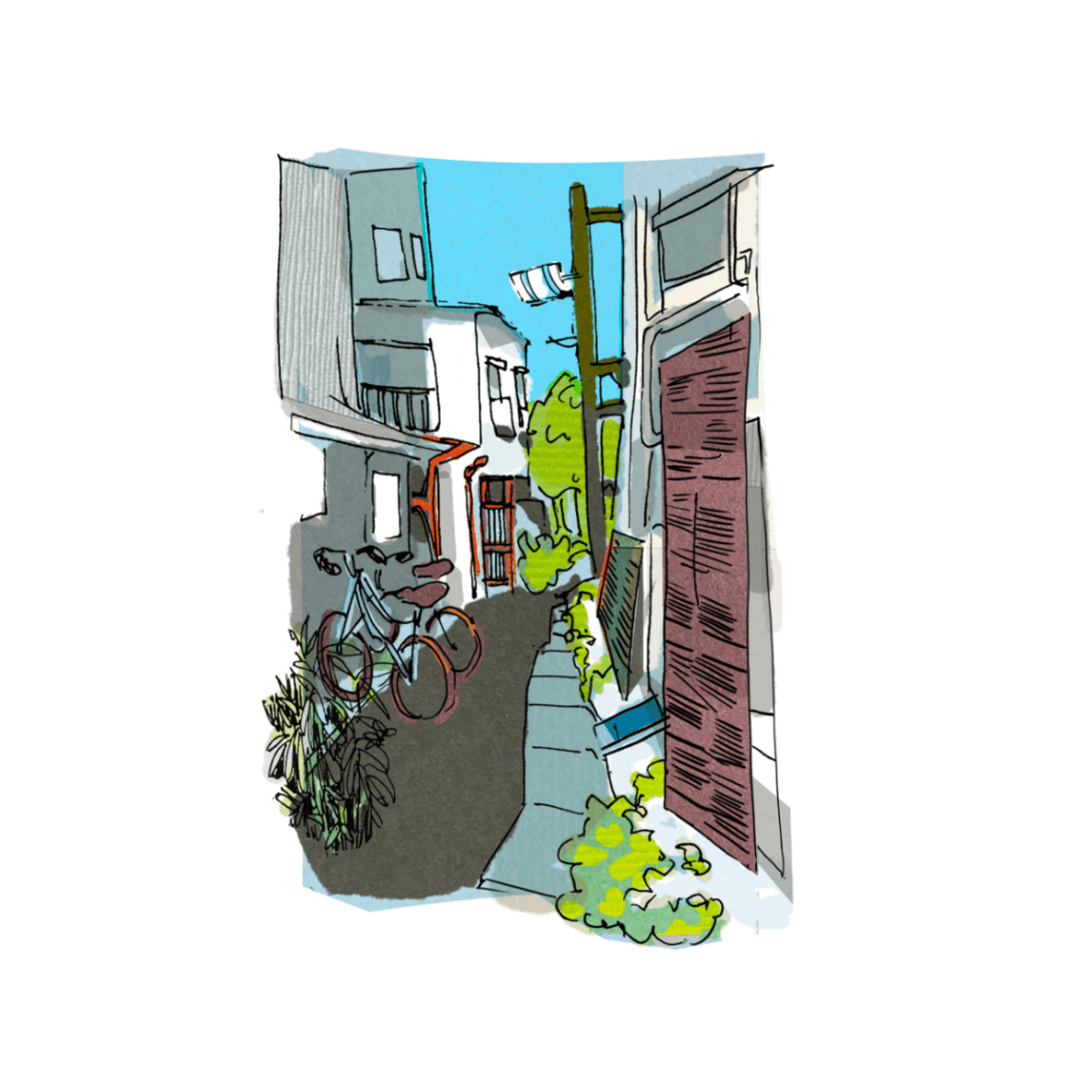 An ink and colour illustration of an alley in Arakawa, Japan