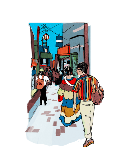 An ink and colour illustration of a street in Chiyoda, Tokyo, Japan