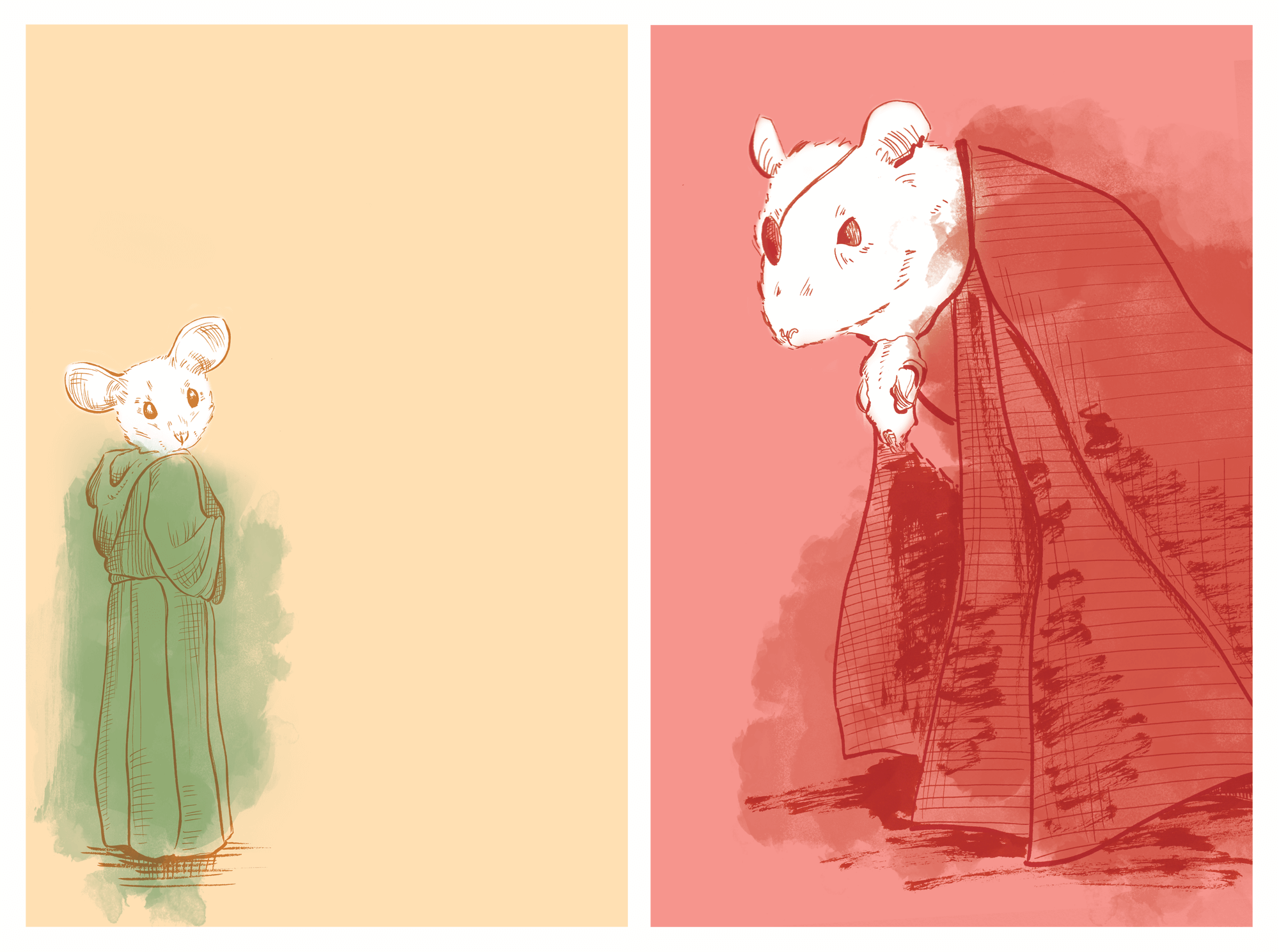 An ink and colour illustration of a small mouse wearing a robe and a larger rat wearing a cape and eyepatch