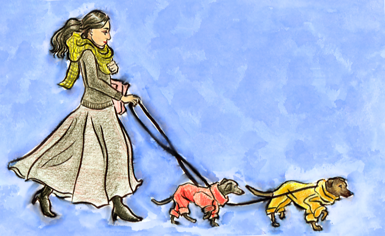 A watercolour illustration of a woman walking two small greyhound dogs. She wears a scarf, sweater and long skirt. The dogs wear jackets.