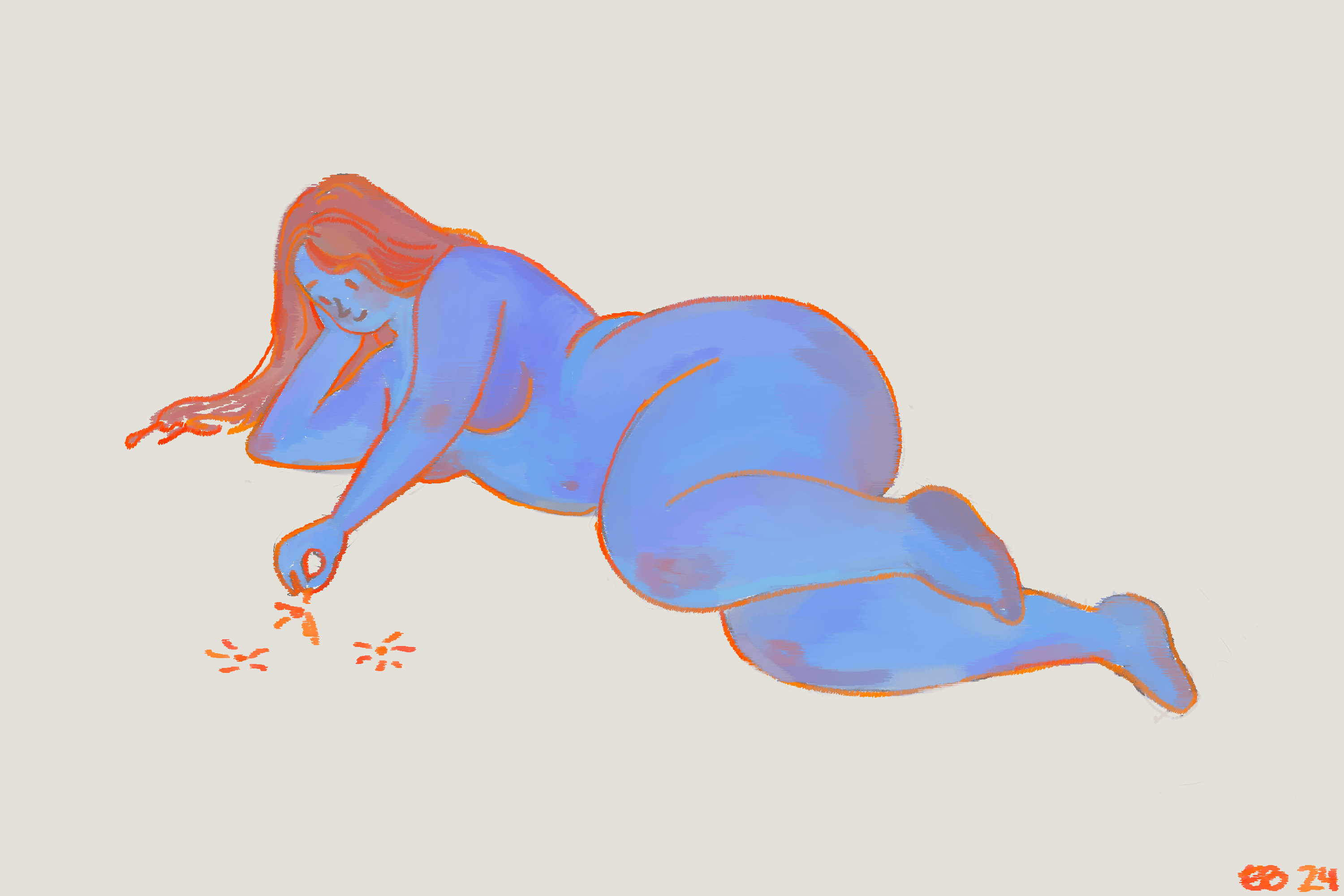 An illustration of a nude woman lying on the ground picking a flower in front of her.