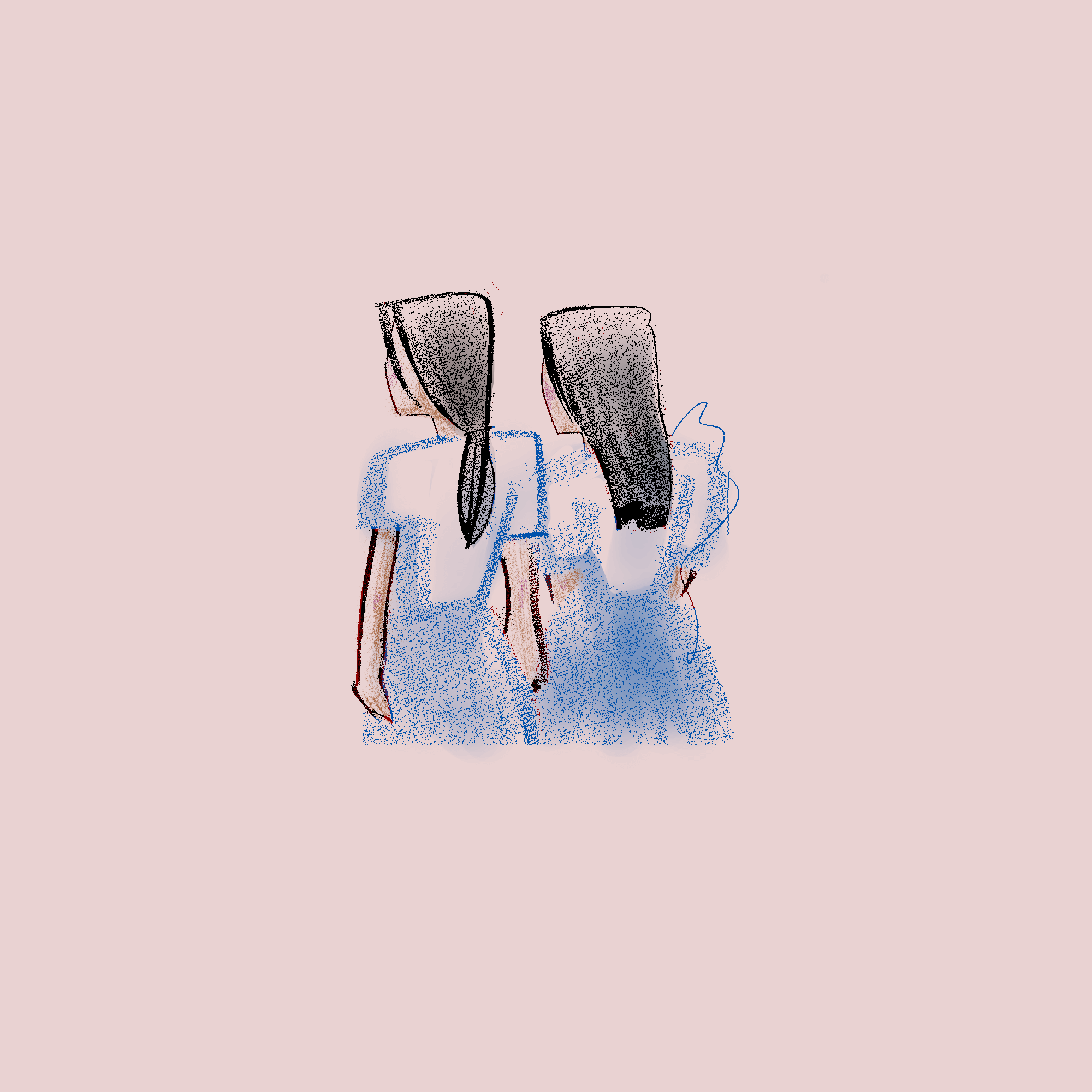 An illustration of two girls with long black hair standing next to each other, facing away from the viewer